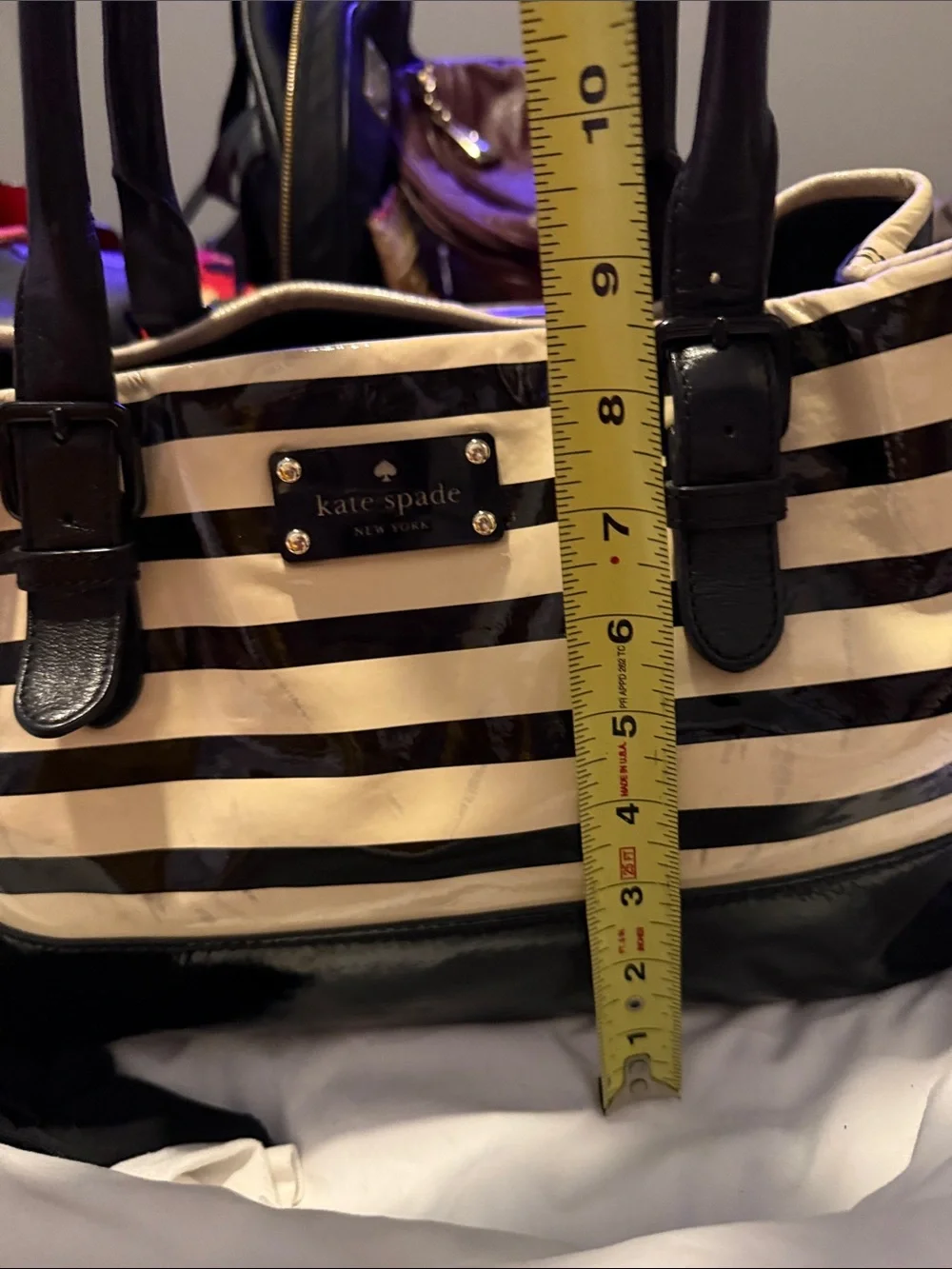kate spade Black & Cream Striped Patent Leather Tote